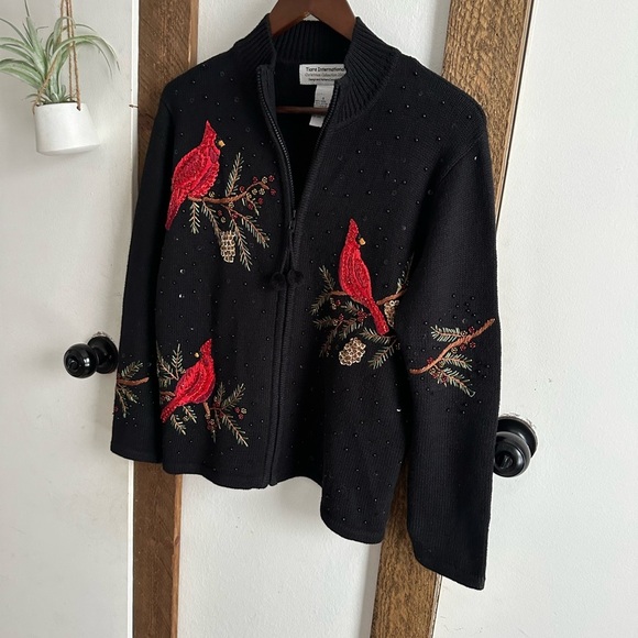 Vintage Tiara International Embroidered Cardinals Full Zip Christmas Sweater - Picture 4 of 14